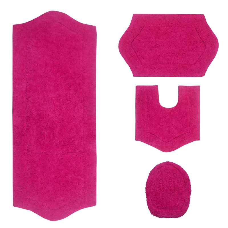 Waterford 4 Piece Bath Mat Set with Lid Cover, Quick Dry, Machine Washable Rugs, Absorbent, Hot Pink