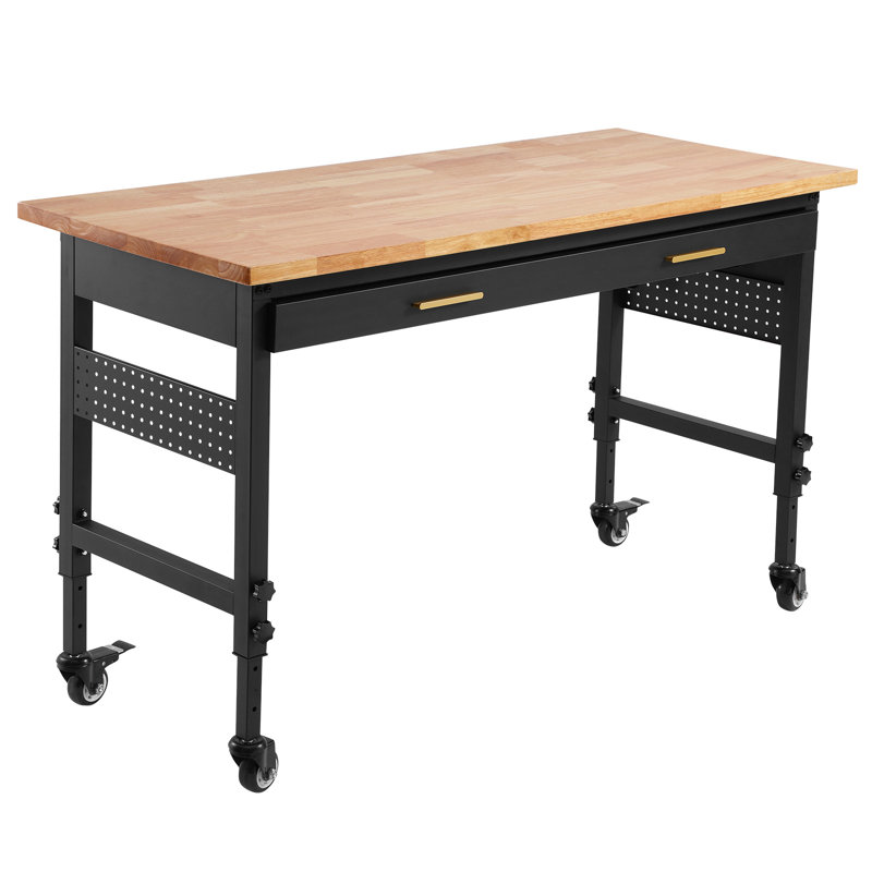 Adjustable Height Wood Workbench with Metal Frame and Power Outlets