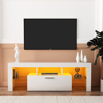 Station de télévision moderne blanche avec DEL, 50,83 po de profondeur, 13,98 po de largeur, 18,16 po de hauteur, supporte 110 livres, adopte E1 support de panneau de particules 16 rétro-éclairage à DEL, 4 modes, télécommande, convient aux téléviseurs de 50 à 59 po,