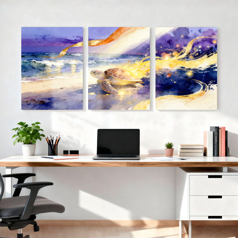 Tortue de mer et vagues dorées, ensemble de 3 reproductions d'art sur toile, H 18 po x l 36 po