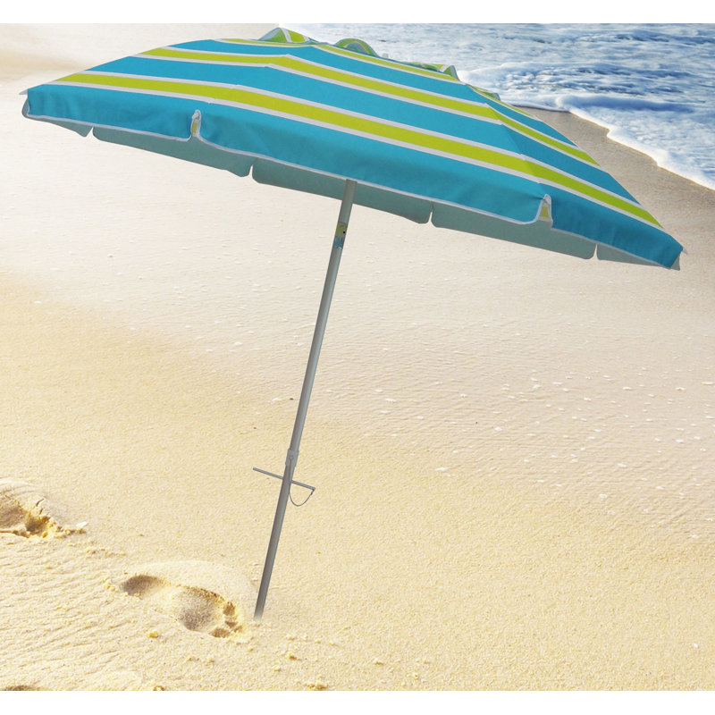 7 ft Green and Blue Striped Polyester Beach Umbrella