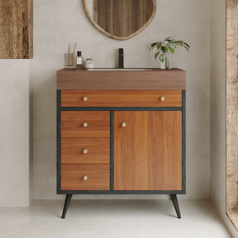 Meuble-lavabo autoportant de 30 po avec lavabo en céramique, 3 tiroirs et 1 armoire de rangement avec poignées dorées, Brun