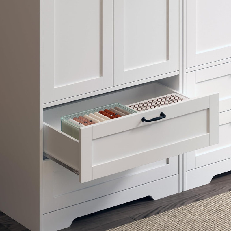 Garde-robe en bois avec tablettes et 2 tiroirs, armoire de rangement autoportante pour suspendre les vêtements, garde-robe de chambre à coucher avec portes, blanc