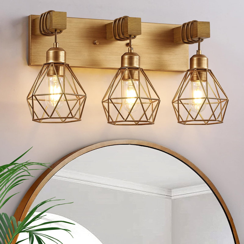 Farmhouse Vanity Light Fixture With Metal Shade And Wood Accents, 3-Light Antique Brass Wall Sconce For Bathroom, Bedroom, And Hallway