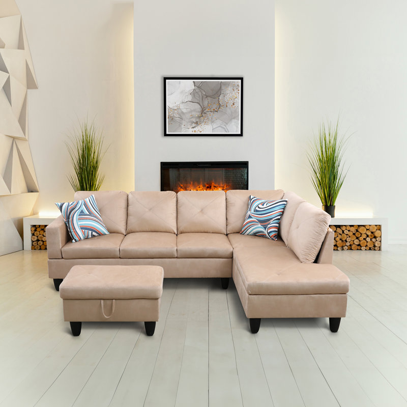 Amayrani Upholstered L-Shaped Sectional, Beige, Right Hand Facing