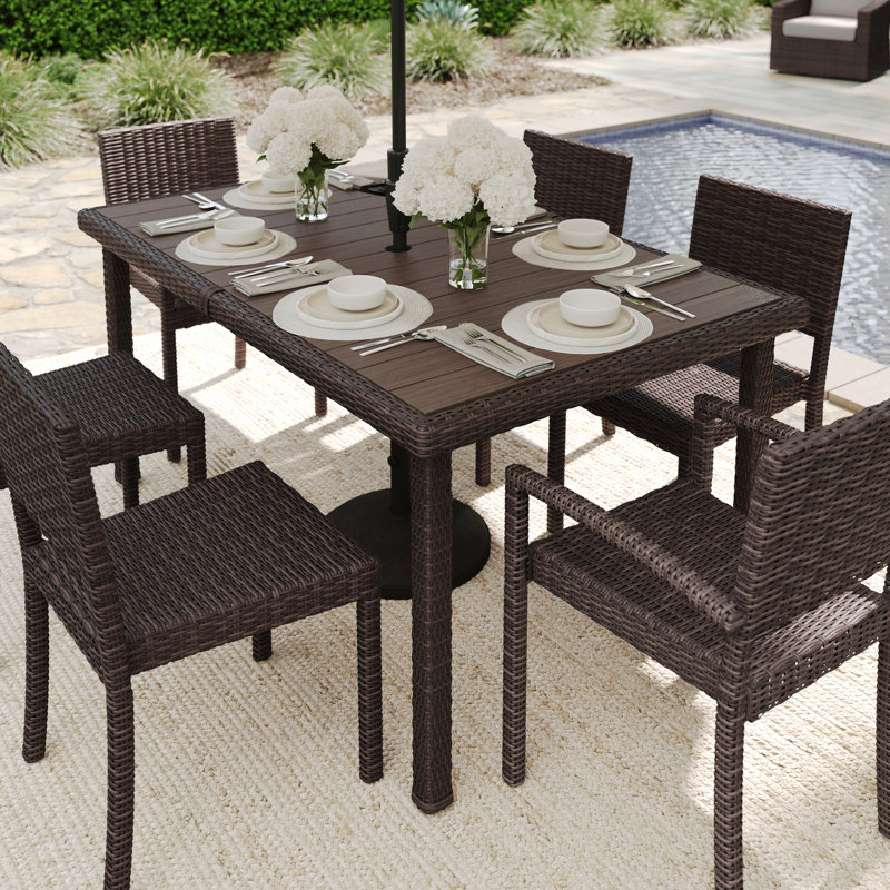 Brown Rattan Wicker 60" Indoor-Outdoor Patio Table with Faux Wood Top