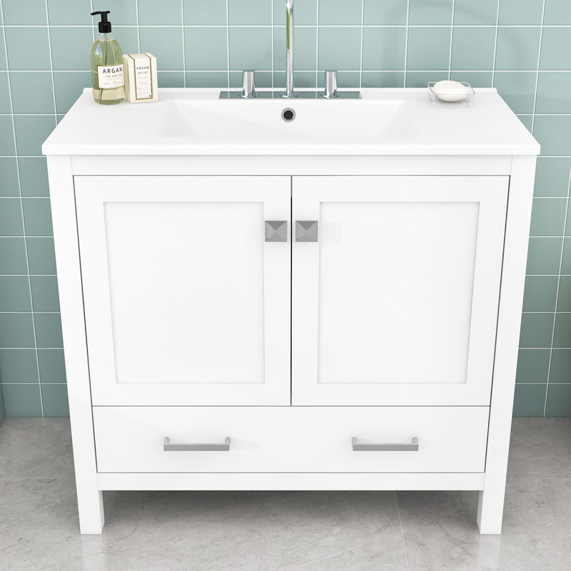 Meuble-lavabo en bois avec lavabo en céramique, tiroir de rangement et tablettes, Blanc