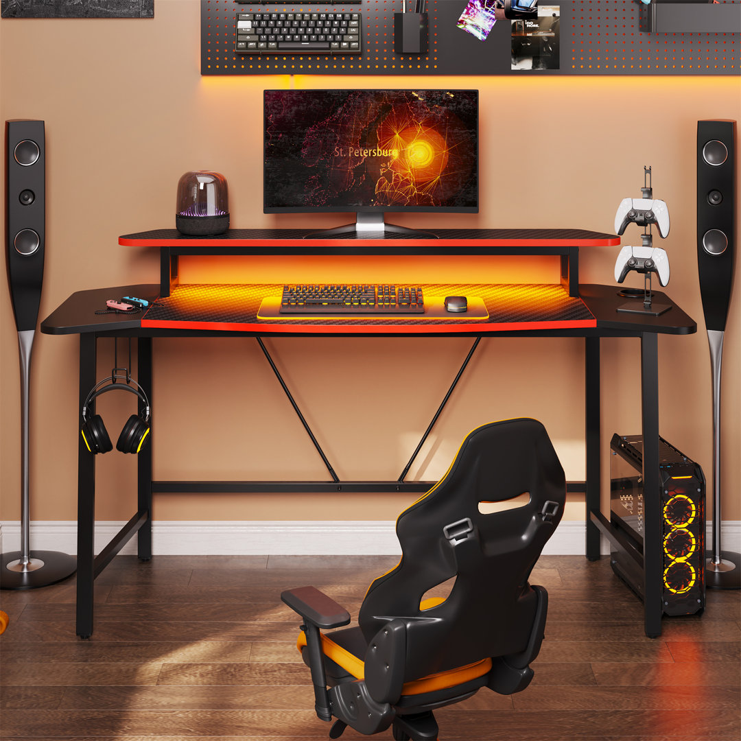 Haigh 63 W Led Gaming Desk with Monitor Stand and Cup Holder, Black Computer Desk with Headphone Hook Zipcode Design™ 
