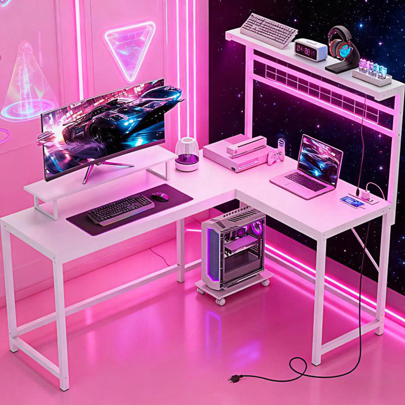 Bureau d'ordinateur en L avec support pour écran et tablette pour unité centrale, bureau de jeu avec prises de courant et lumières DEL