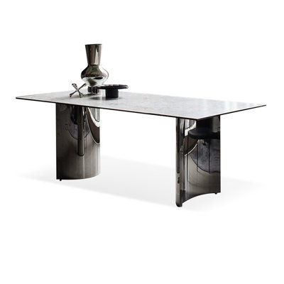 55.12" White+Silver Rectangular Stone + Stainless Steel Butterfly Leaf  Dining Table