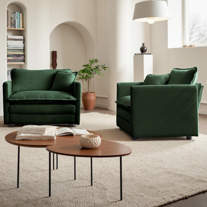 Ensemble de canapé simple avec 2 fauteuils rembourrés en chenille et coussins décoratifs confortables, Vert