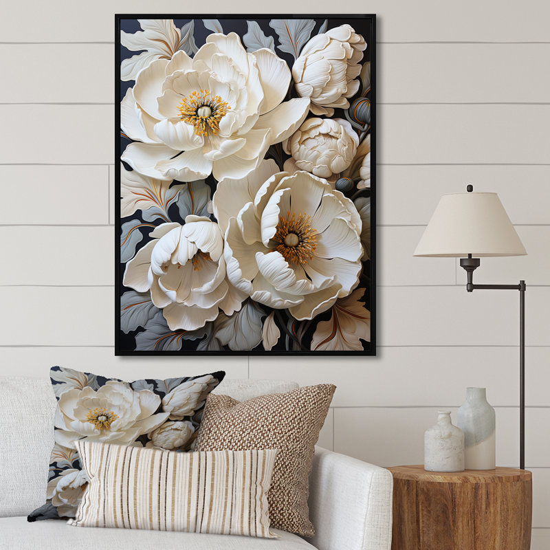 Minimalisme, tulipes blanches symphonie I sur toile, H 32 po x l 24 po x P 1 po, Cadre flottant noir