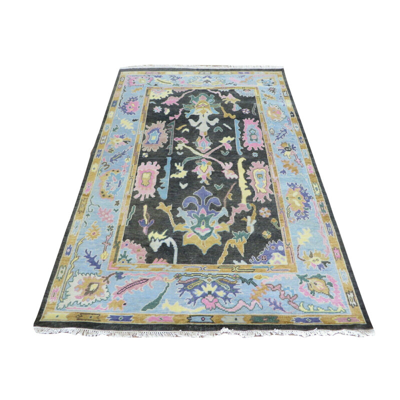 Tapis noir en laine noué à la main de conception unique 6 pi x 9 pi 1 po Hurst
