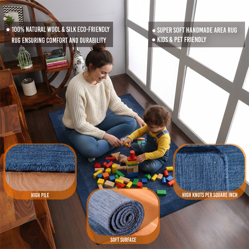 Kenshawn Hand Knotted Loom Wool Eco-Friendly Area Rugs - Rectangle, Blue Color, Contemporary Modern Design, High Pile Thick Handmade Anti Skid Area Rugs for Living Room, Bed Room