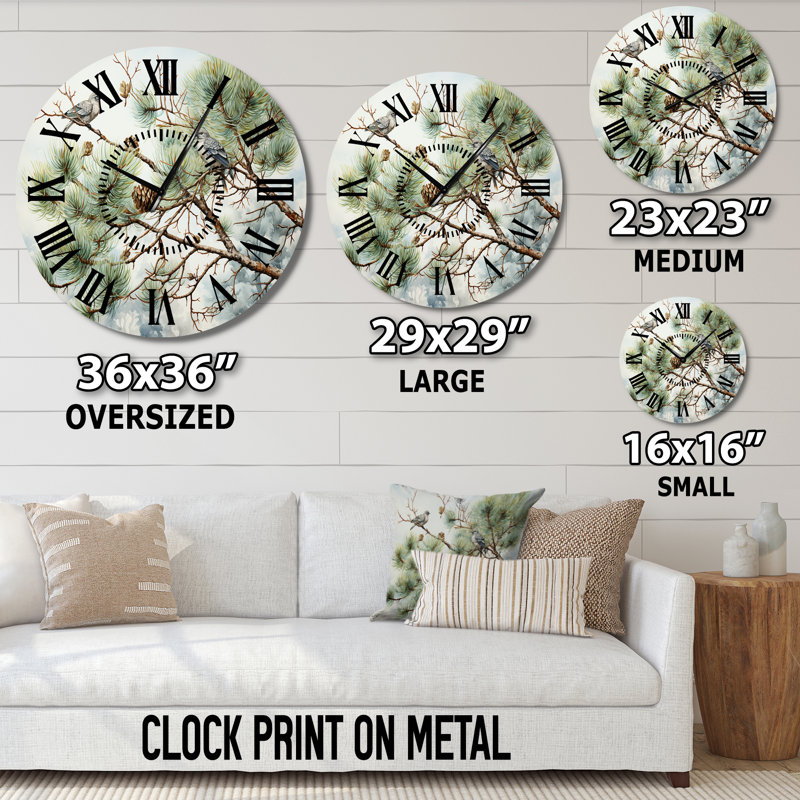 Horloge murale oiseau sur pin I, Surdimensionné