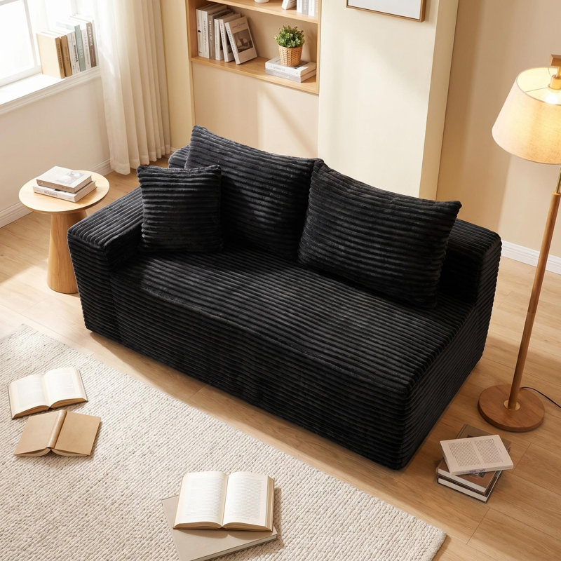 Compression Sofas, 69 Inch Black Corduroy Modern Floor Couch for Home