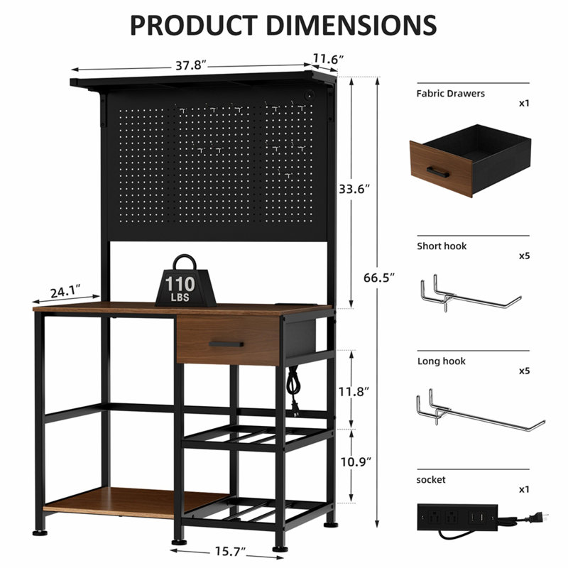 Support d'imprimante 3D avec station de travail de filament, banc d'imprimante 3D avec tiroir et station de charge, grande tablette d'imprimante avec panneau perforé et crochets pour le garage Home Studio