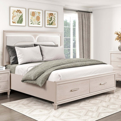 Lit plateforme moderne de luxe avec rangement pour pied de lit et tête de lit à DEL