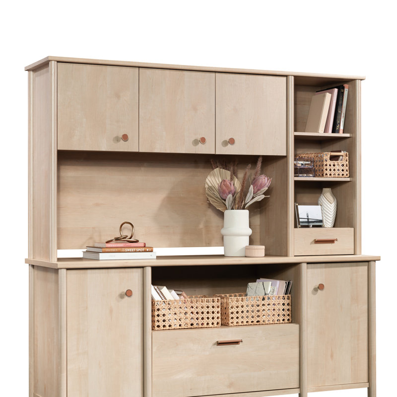 Conception de bureau, brune et légère, rangement ouvert, étagères, compartiment de rangement caché, tiroir de rangement, glissières lisses, système de cordon
