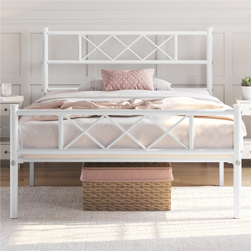 Modern Metal Bed Frame with Cross-design Headboard & Footboard, White, Single (3')
