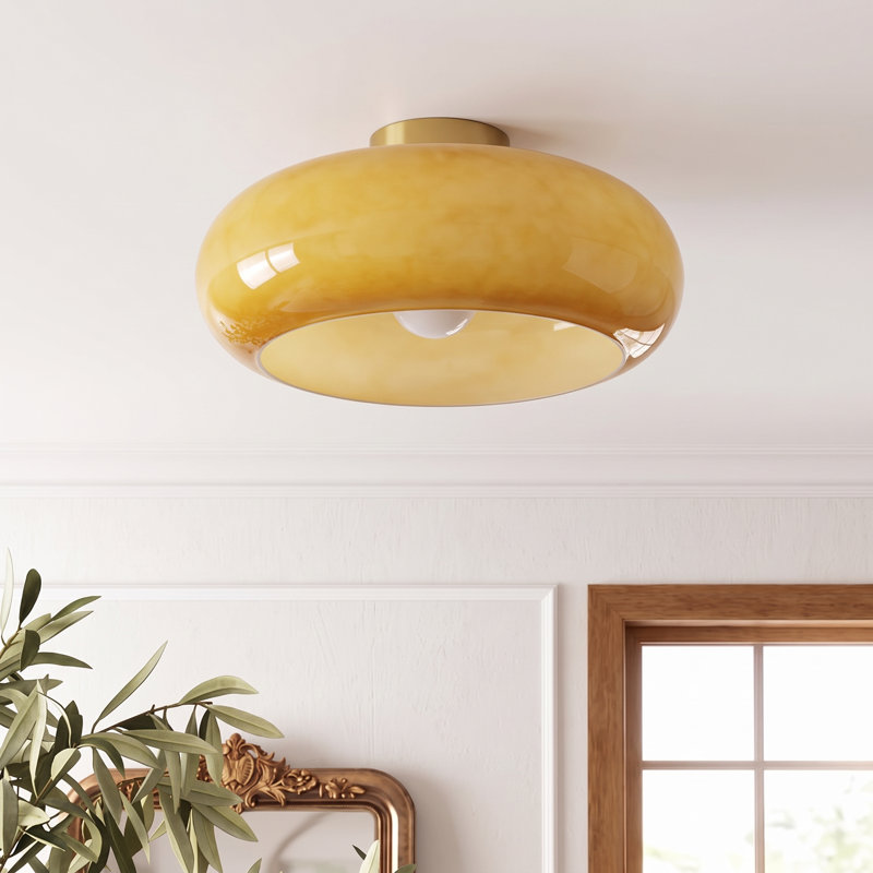 Glass Semi Flush Mount Yellow, 11.02" H x 15.74" W x 15.74" D