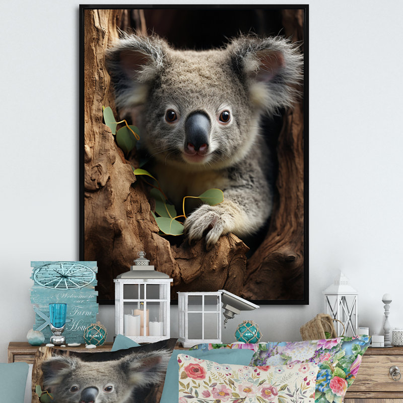 Portrait de koala gris III - impression, H 32 po x l 24 po x P 1 po, Toile à cadre flottant noir