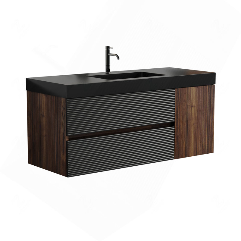 Meuble-lavabo 48 po en noyer avec lavabo en quartz noir mat et tiroirs noirs et une porte, meuble-lavabo mural flottant pour salle de bain moderne, lavabo noir mat, pré-assemblé