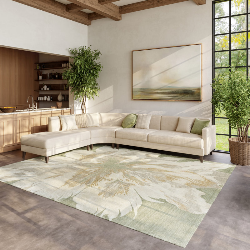 Tapis moderne ivoire vert 9 pi x 12 pi Leonel, 9 pi x 12 pi