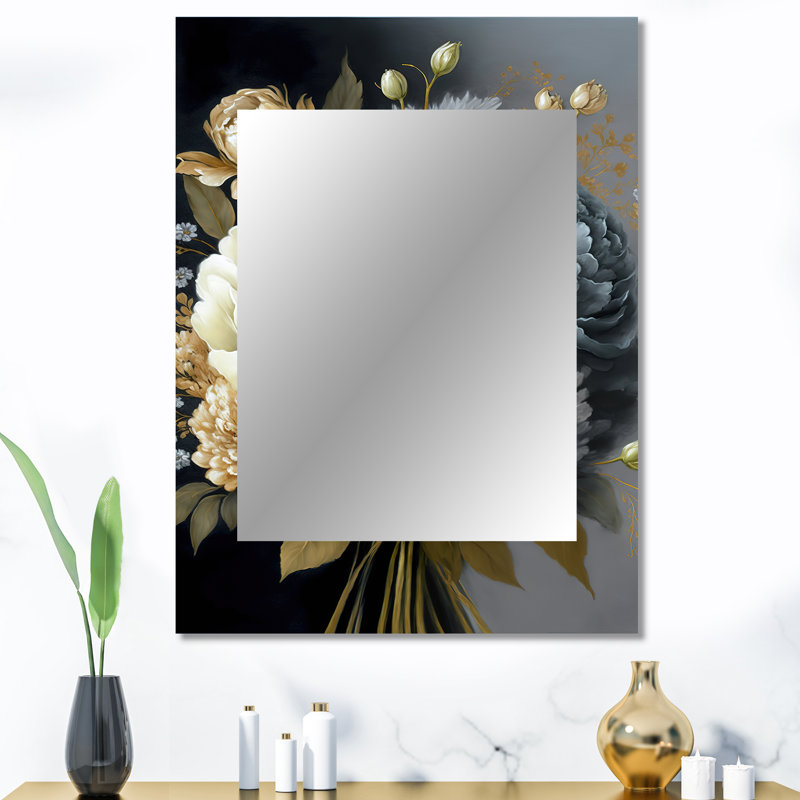 Blanc, bleu et gris pivoine Bouquet II - miroir mural décoratif pivoines, miroir moderne, impression d'art en métal