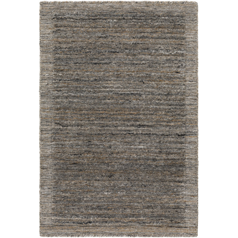 Yasmin Hand Knotted Striped Area Rug in Dark Gray/Camel/Beige, Rectangle 9' x 12'