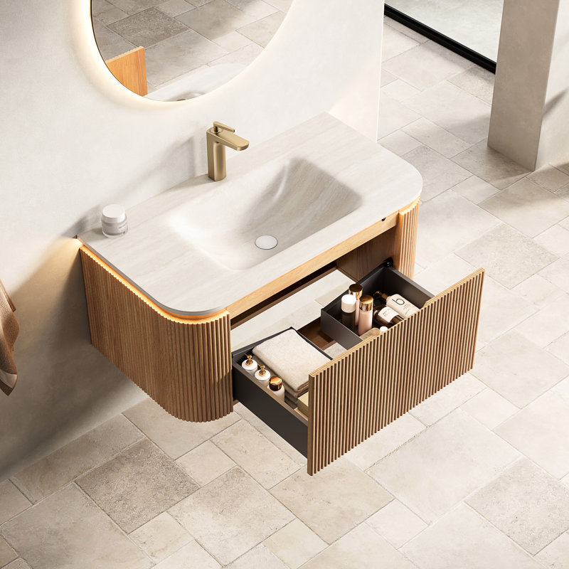 Meuble-lavabo de 36 po et lavabo, armoire à rebords arrondis flottants, tiroir rayé 3D naturel, lavabo à motif en pierre frittée, capteur à DEL, système de fermeture en douceur, glissières de tiroir, rangement facile, facile à installer,