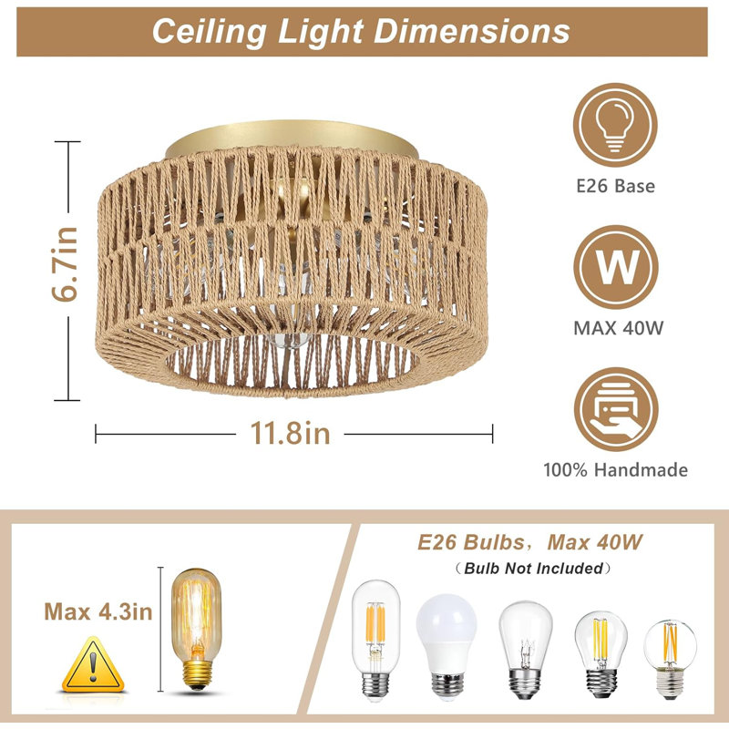 Boho Light Fixtures 3-Light Farmhouse Rattan Ceiling Light Flush Mount With Hand-Woven Shade