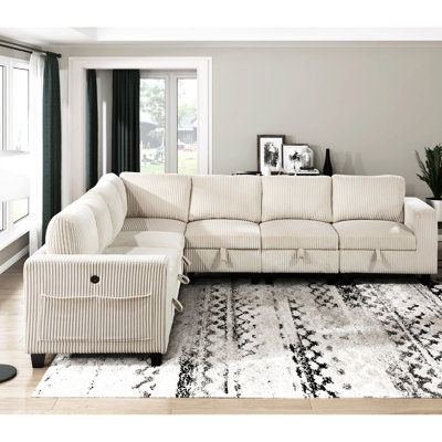 Modern Beige Sectional With 7 Seats, Side Pockets And Solid Wood Frame 7 , Storage Seats Plywood Support