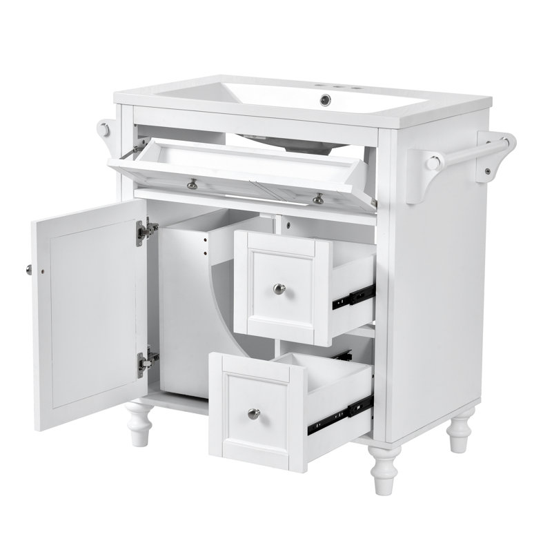Armoire de meuble-lavabo 30 po avec lavabo supérieur simple et 2 tiroirs, 1 tiroir basculant, Blanc / Blanc