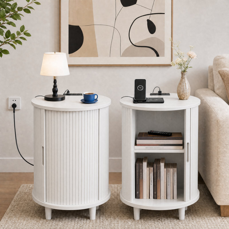 Table de bout cannelée ronde de 23,6 po avec station de charge et rangement pour porte coulissante, Greyish White, 2