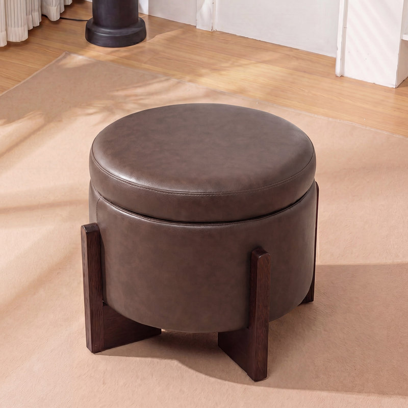  Faux Leather Upholstered Round Ottoman with Storage, Dark Brown