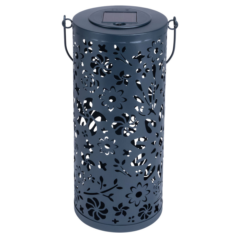 Midnight Blue Floral Punched Metal Solar Lantern