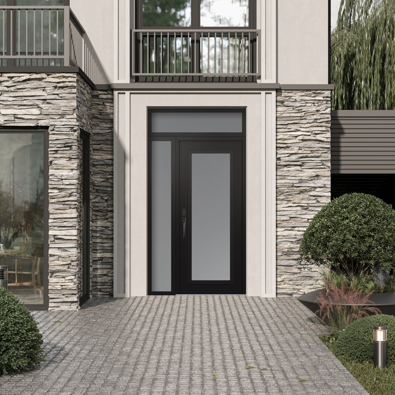 Panneau d'entrée en acier noir et blanc avec panneau latéral et porte d'entrée pré-montée traverse, Oui