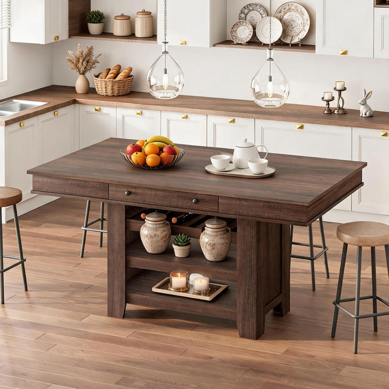 Table de salle à manger de 91 cm de hauteur avec comptoir, avec casier à vin et 3 tablettes, Brun