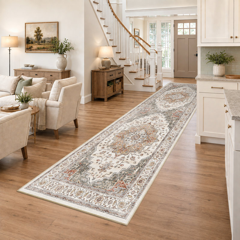 Tapis lavable rétro, tapis à poils courts ultra-doux et antidérapant, Orange/Gray, Runner 3'x12'