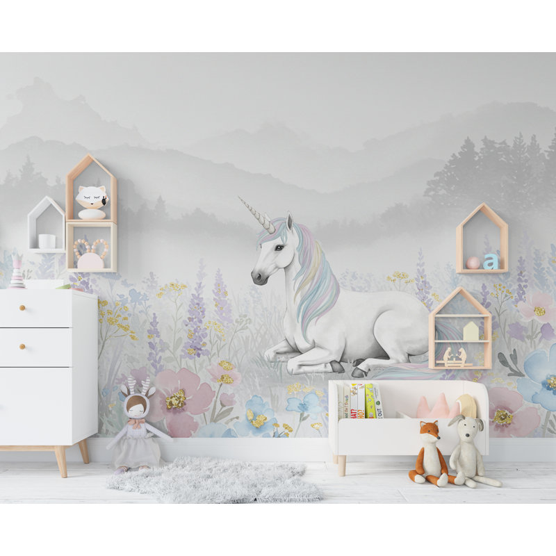 Princesse licorne, aquarelle, graphique mural, peler et coller, papier peint de chambre de chambre de bébé, Non tissé