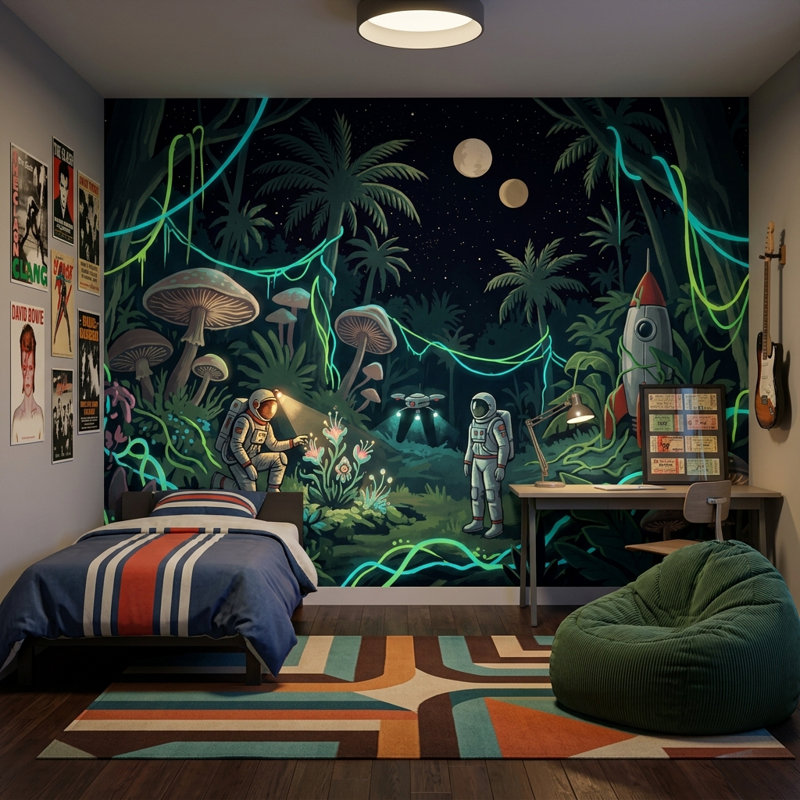 Décoration murale amovible de nuit, astronautes et fusée, Peler et coller, 200 po x 120 po