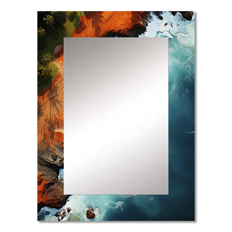 Rocky beach Aérienne vue I - miroir mural décoratif de plage, miroir bleu, impression d'art en métal, 32 po x 24 po