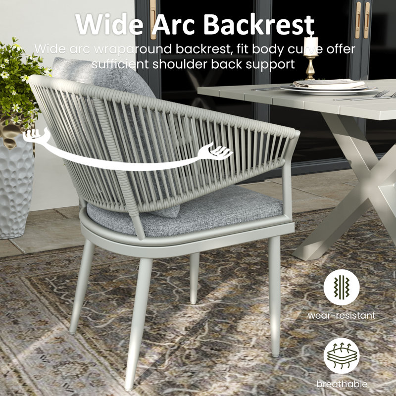 Outdoor Patio Dining Armchair with Cushion, Light Grey / White, 4