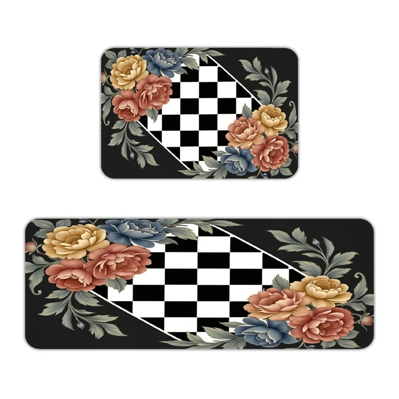 Black White Checkerboard Floral 2 PC Kitchen Floor Rugs, Farmhouse Kitchen