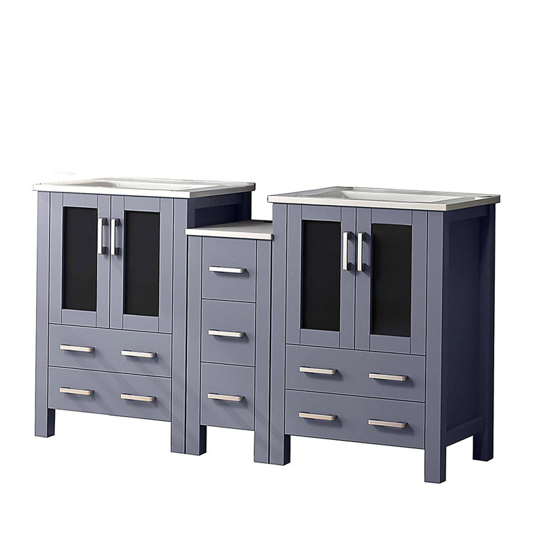 Double cuve avec armoire latérale et plateau en céramique blanche, 60"