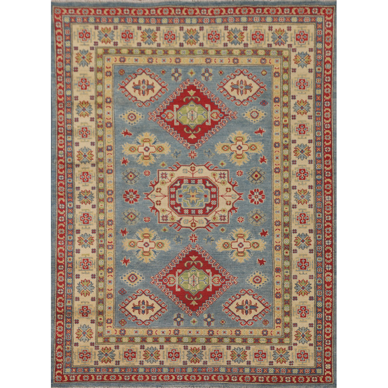 Tapis oriental bleu à motif géométrique Kazak 5