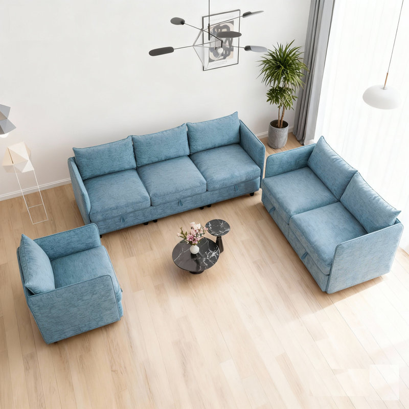 6-Seat Modular Sectional Sofa with Hidden Storage, Convertible Sofa Couch with Soft Cushions, Blue Polyester