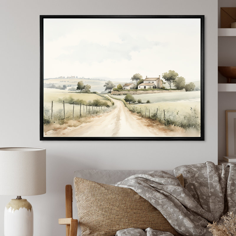 Paysage campagne minimaliste IV - décoration murale campagne, Cadre flottant noir, H 24 po x l 32 po x P 1 po