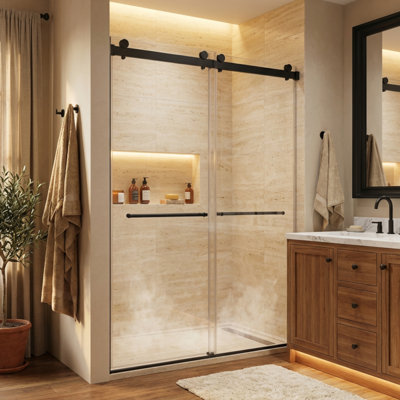 Porte de douche coulissante de 56 à 60 po x H 76 po Cayton avec verre trempé transparent et quincaillerie noir mat Cayton
